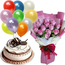 Pink roses, cake and balloons